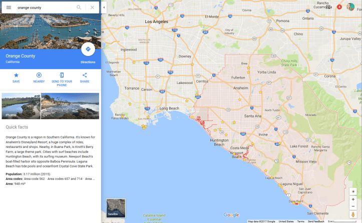 Google Mpas of Orange County in relation to Los Angeles